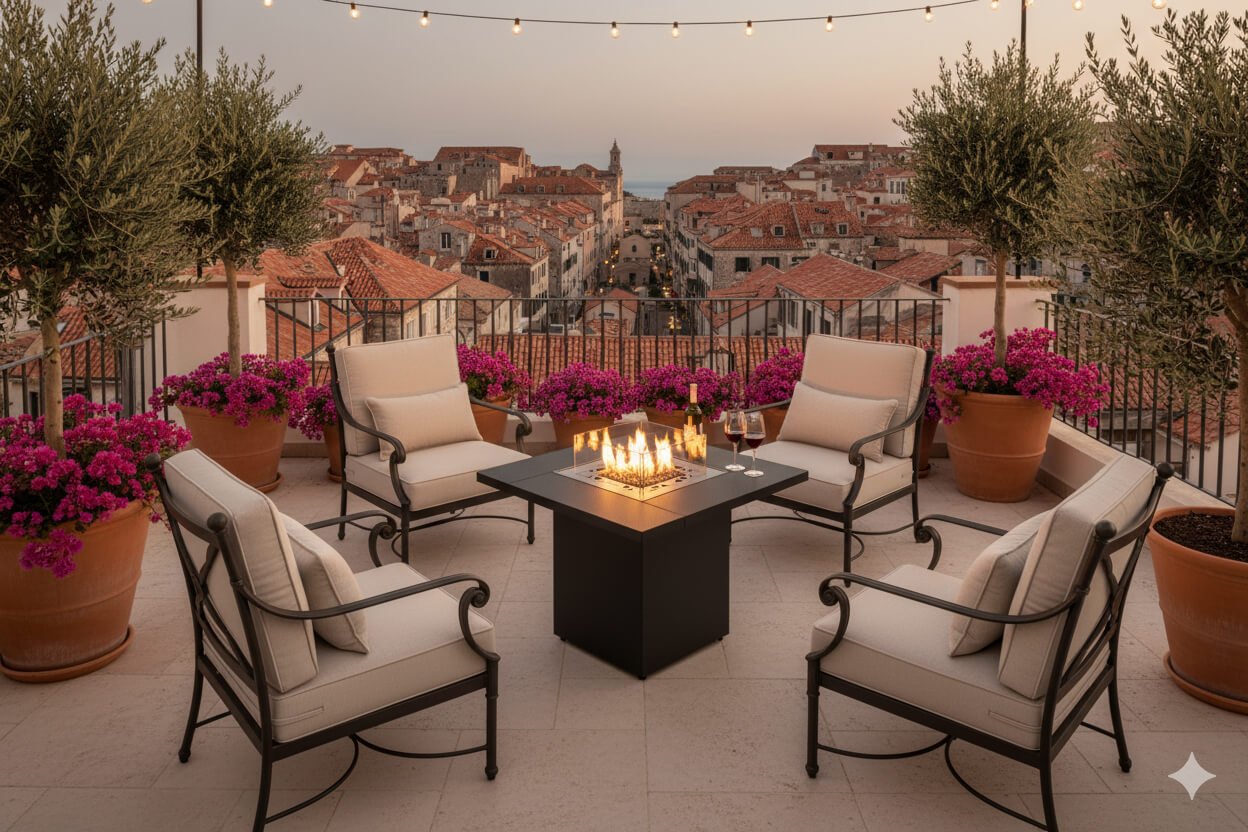 Mesa de fuego a gas encendida en terraza moderna, creando un ambiente acogedor y elegante al aire libre.