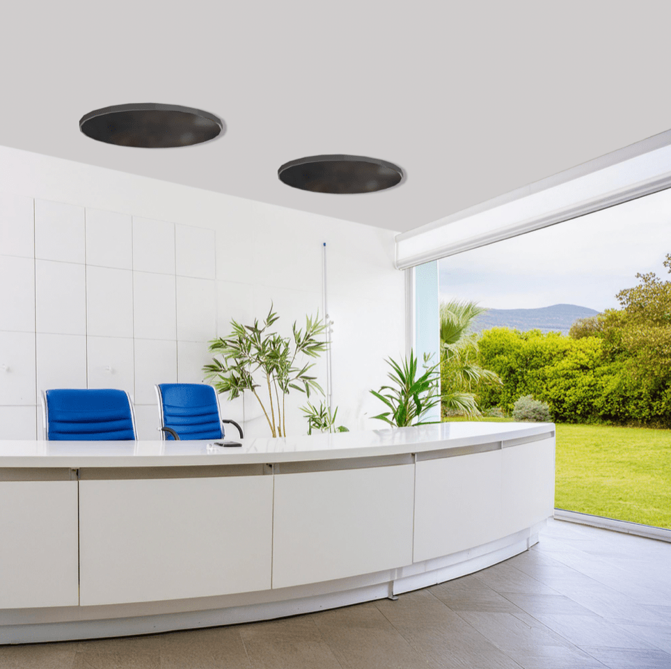 Calentador infrarrojo de techo redondo con control inteligente | Infralia — con control inteligente, montaje en techo, 1200 W, 2400 W