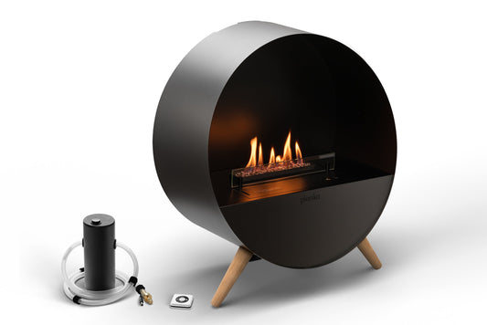 Chimenea Automática de Bioetanol | Bubble Floor | Planika — detalle en primer plano, con llama encendida