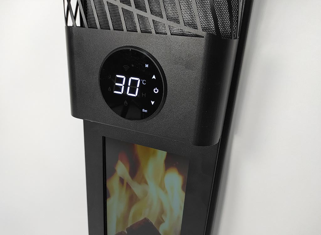 Chimenea Eléctrica Pared G-Cera con Calefacción de 2400W | Infralia — detalle en primer plano, con pantalla 4K