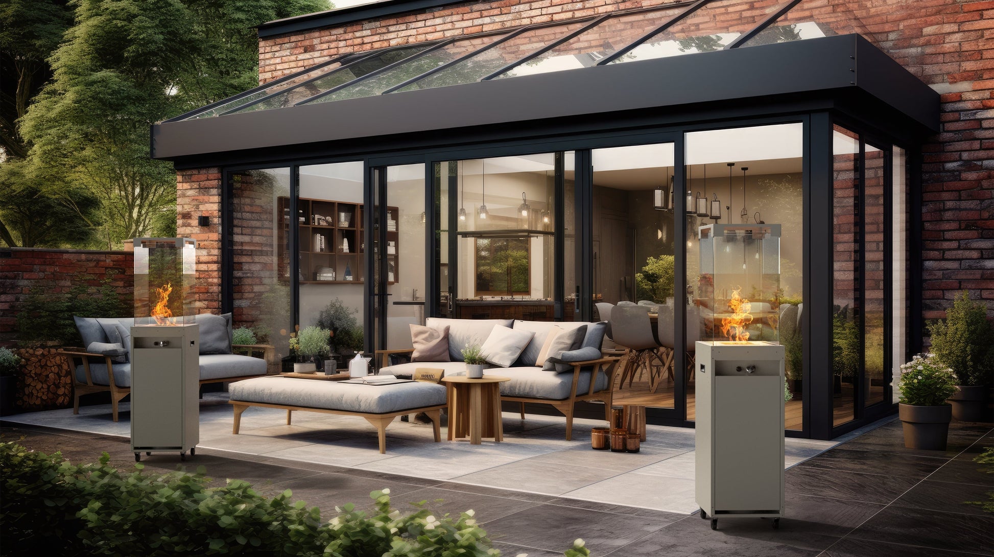 Chimenea Gris de Gas para Jardín de Lujo Faro Zijdegrijs Planika — vista frontal, en jardín, color gris