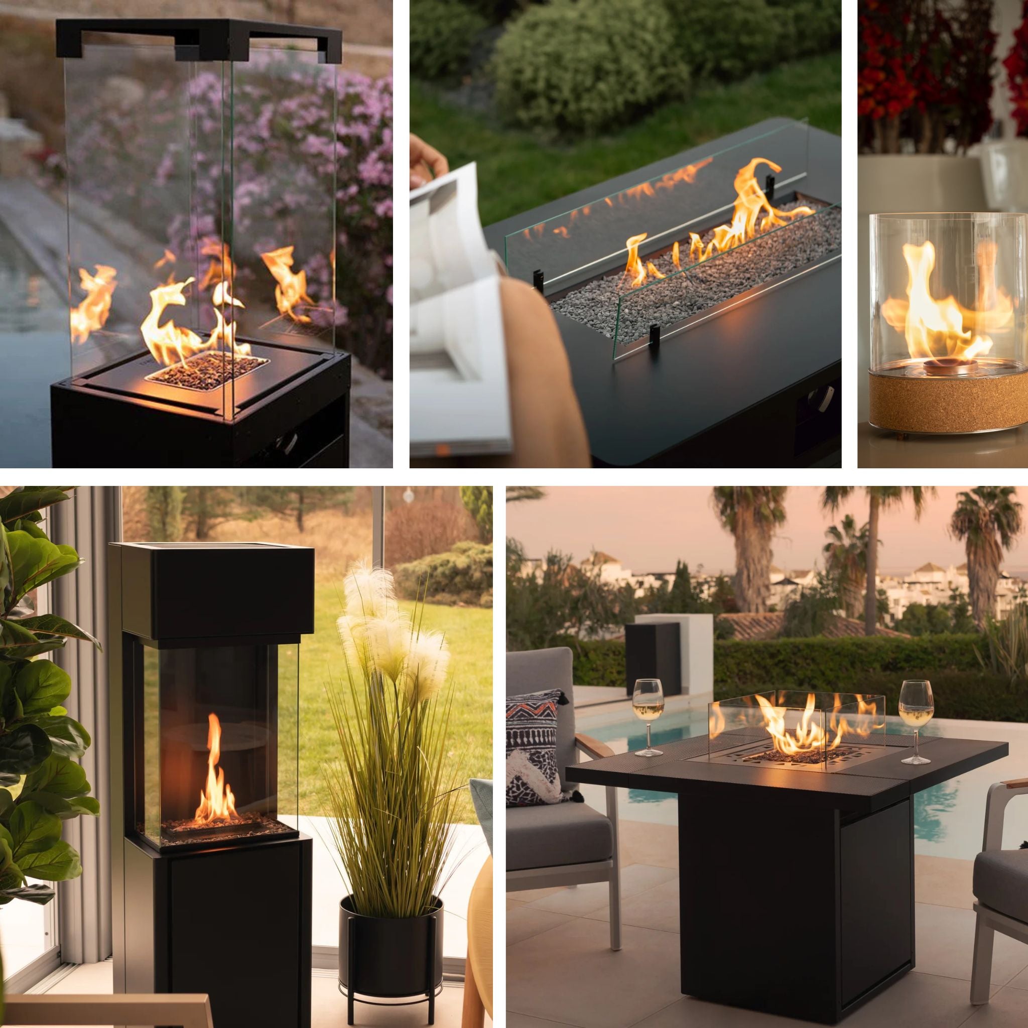 Collage con estufas de gas, chimeneas de gas y mesas de fuego, junto a una chimenea de bioetanol – colección Chique Exteriores