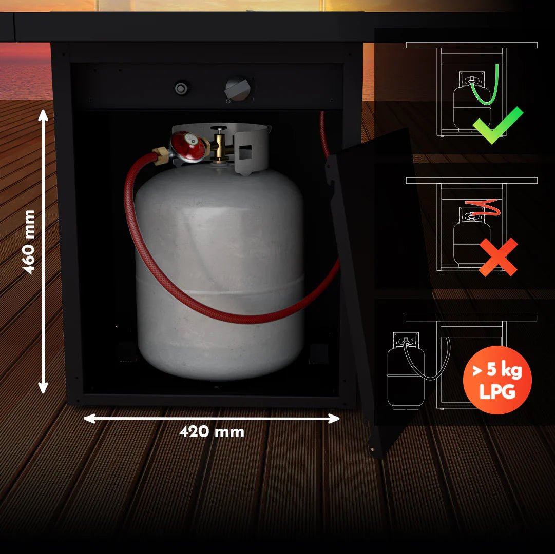 Mesa de Fuego a Gas Para Exteriores | Cuadrada | Planika Square — con llama encendida, modelo cuadrado