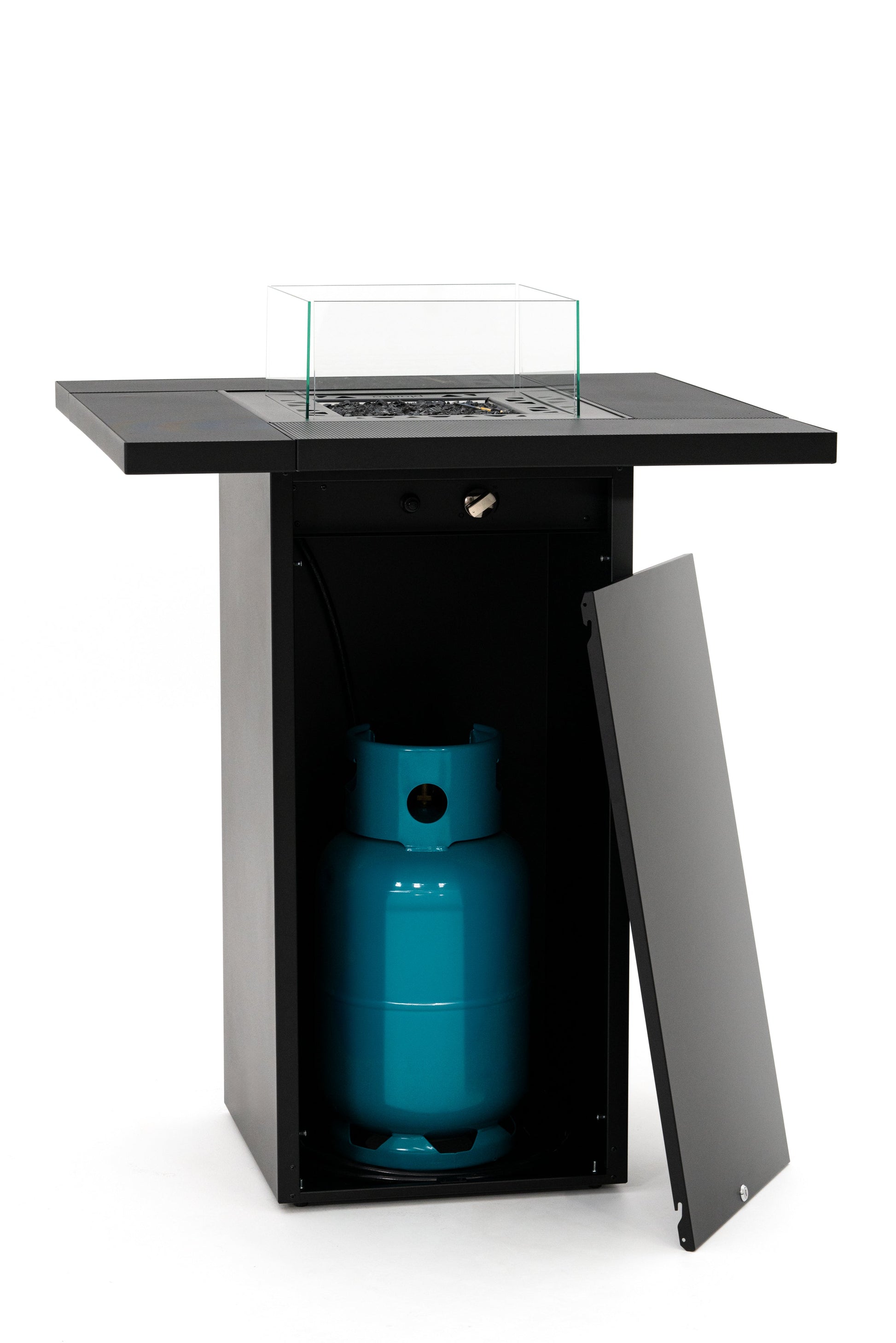 Mesa de Fuego alta a Gas Para Exterior – Elegancia y Calidez de Planika — vista trasera, con llama encendida