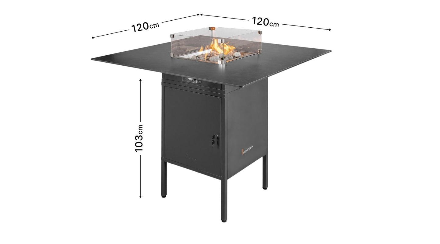 Mesa de Fuego Exterior – Estufa a Gas para Terrazas de Lujo Slava Hoog — con llama encendida