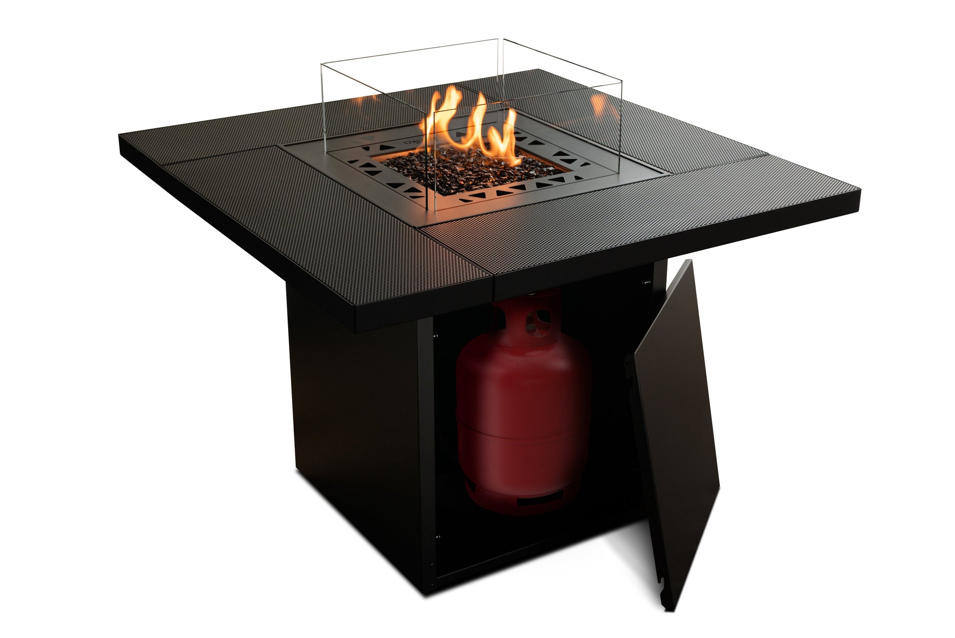 Mesa de Fuego a Gas Para Exteriores | Cuadrada | Planika Square — vista frontal, compartimento del gas, con llama encendida, modelo cuadrado