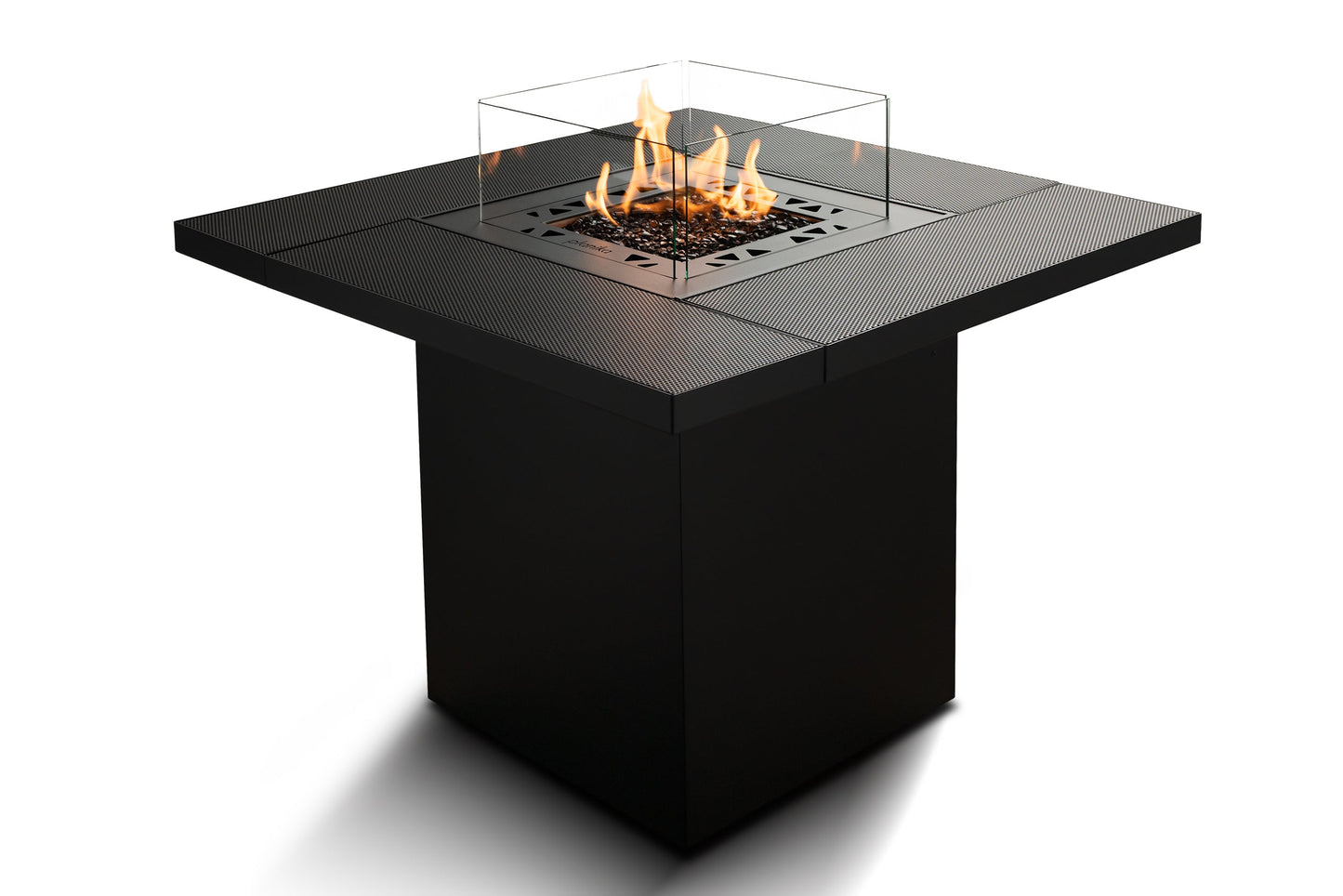 Mesa de Fuego a Gas Para Exteriores | Cuadrada | Planika Square — vista frontal, con llama encendida, modelo cuadrado